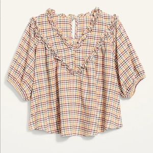 Old Navy Oversized Short Sleeve Ruffled Donny Gingham Blouse Multi Plaid Flowy M